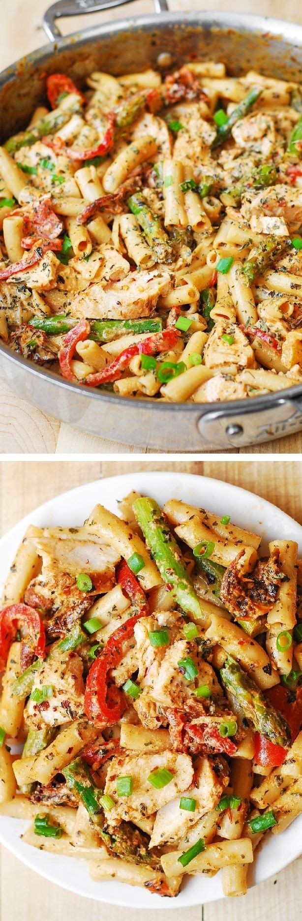 Chicken Alfredo Pasta with Bell Peppers, Asparagus, in a Creamy Sun