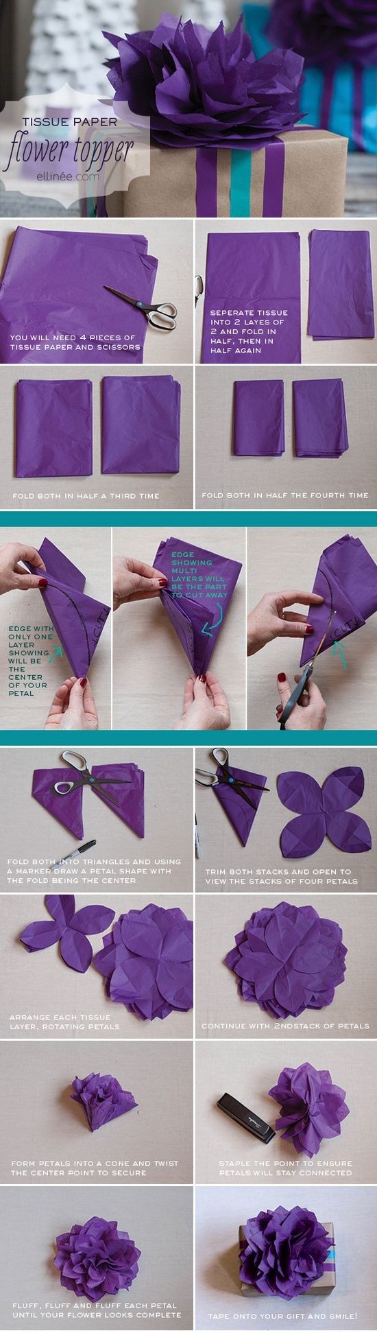 DIY Tissue Paper Flower, Gift Wrap Topper, Tutorial, DIY flowers